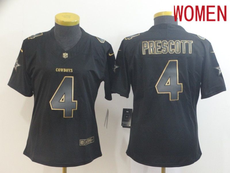 Women Dallas cowboys 4 Prescott Nike Vapor Limited Black Golden NFL Jerseys
